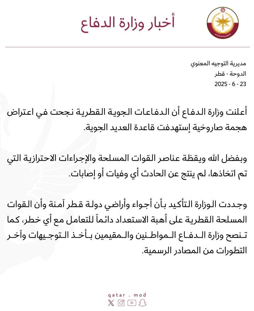 قطر ترد على استهداف إيران لقاعدة "العديد" الأمريكية
