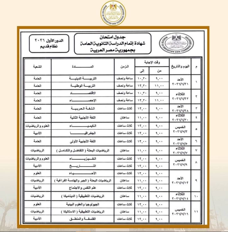 جدول امتحانات الثانوية العامة